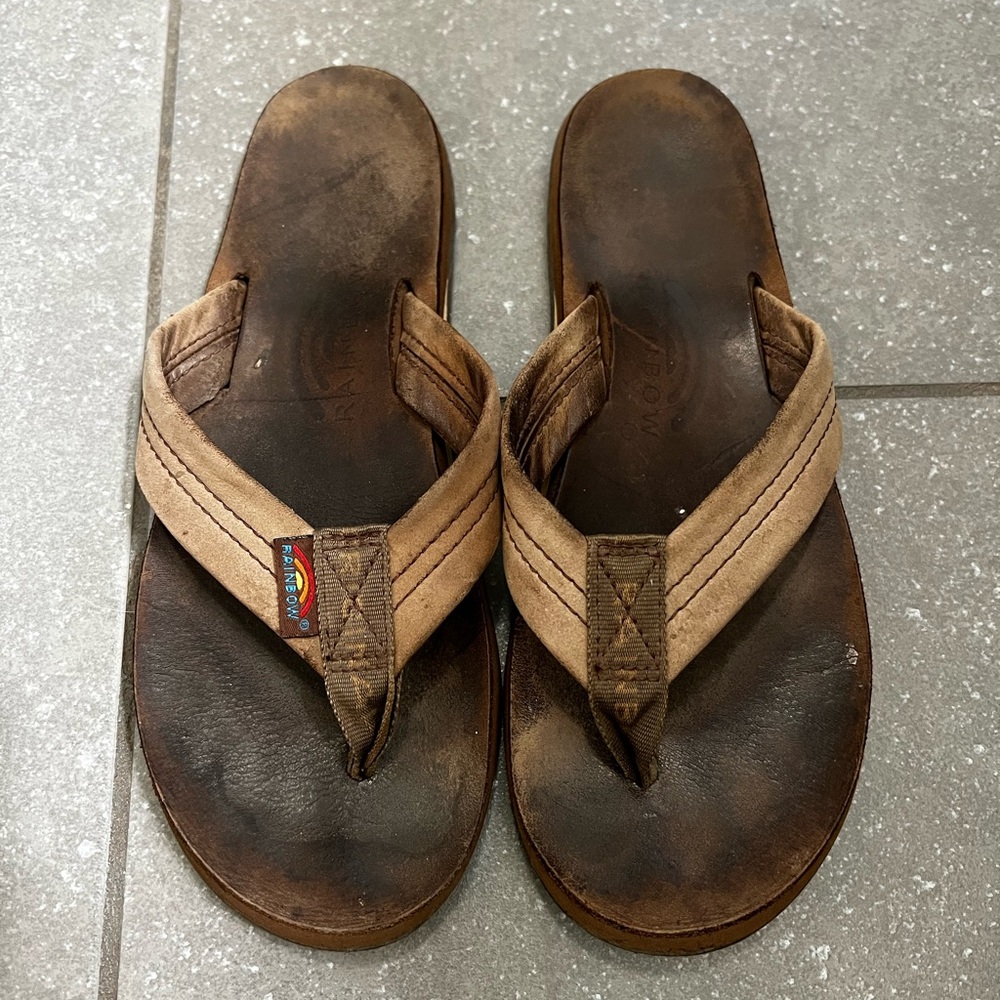 Rainbow Brown Leather Flip Flops